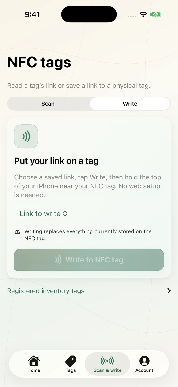 taaap iPhone app: direct NFC writer with a saved link and Write to NFC tag action.